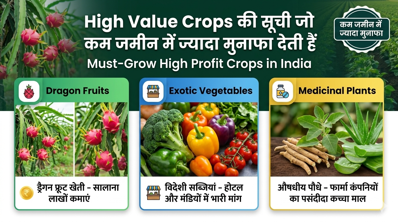 "High Value Crops for Small Farms in India: कम जमीन में अधिक मुनाफे वाली फसलों की सूची और आधुनिक खेती की जानकारी।"